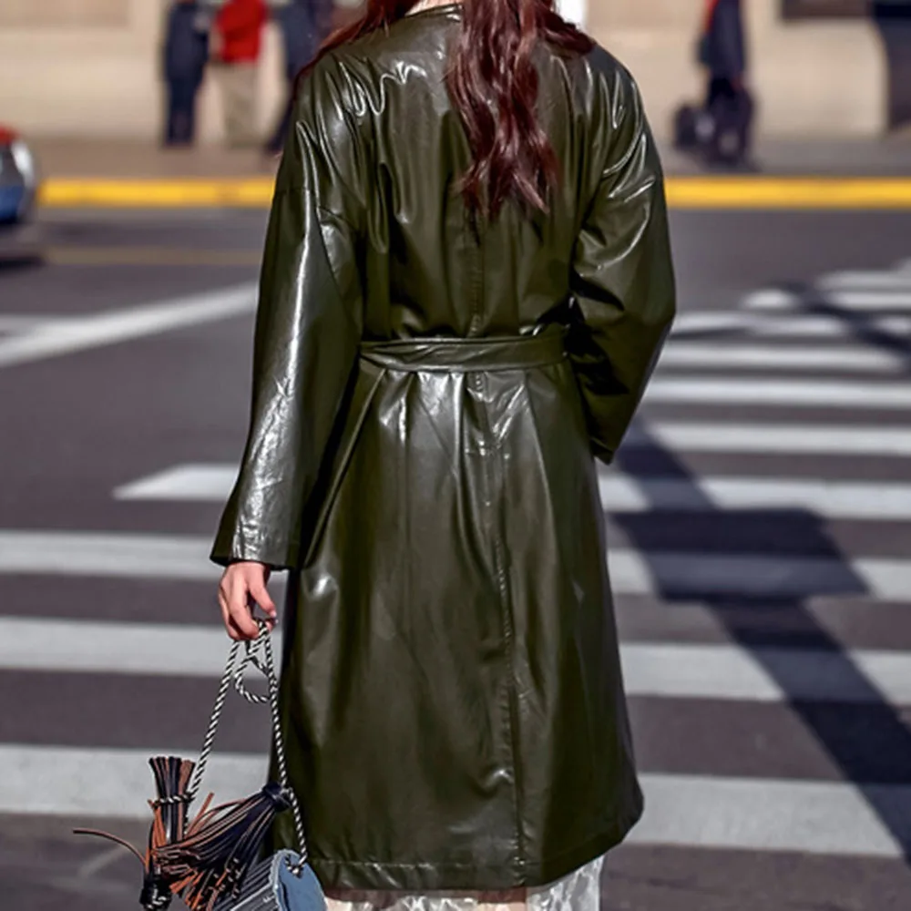 Winter New Oversize PU Faux Leather Jacket Women Trench Coat Streetwear Long Coats Red Fashion Female Motor Windbreaker Overcoat