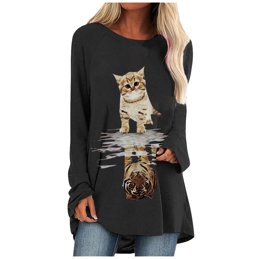 Casual Plus Size Cat Print T Shirt Summer tshirt Ladies O Neck Tunic