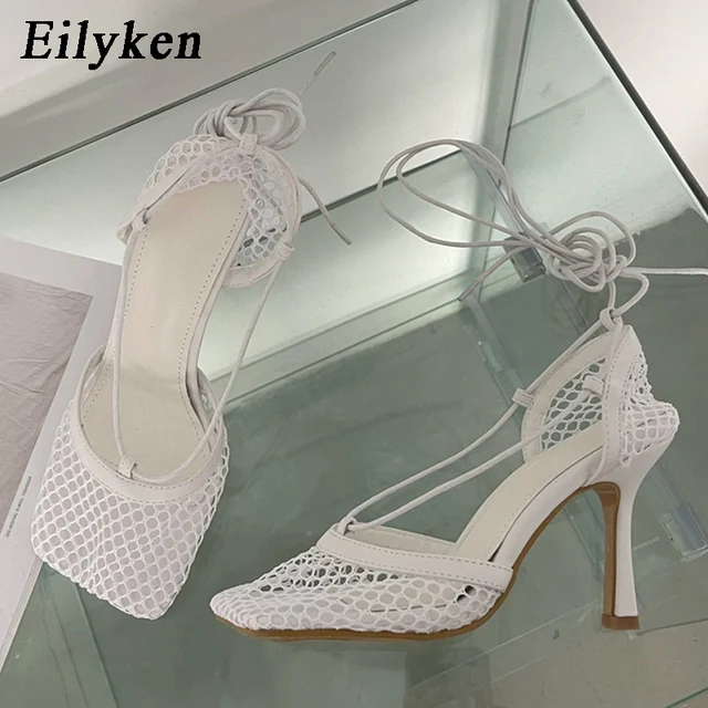 Eilyken New Sexy White Hollow Mesh Pumps Sandals Female Square Toe Stiletto High Heel Ankle Lace Up Cross-tied Party Dress Shoes 4