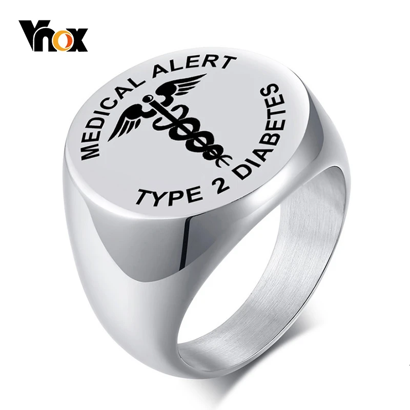 Vnox Медицинский Тип 2 диабет круглое верхнее кольцо для мужчин из нержавеющей