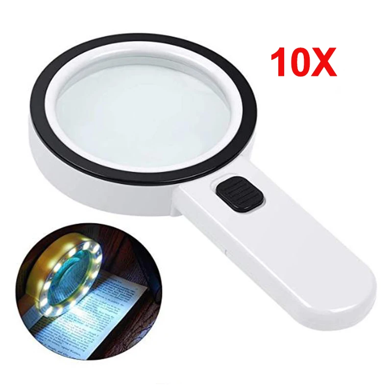 10x Handheld Magnifying Glass With 12 Led Lights, 80mm Large Optical