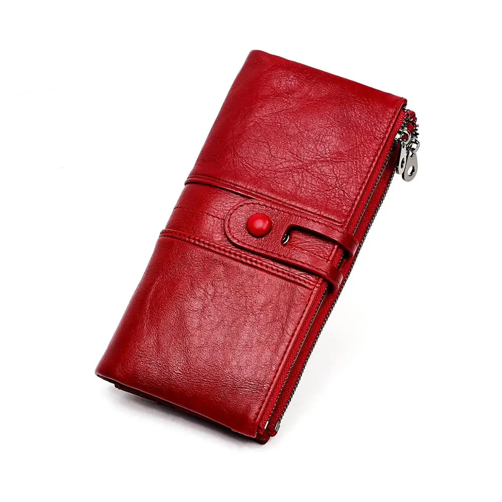 

Genuine Leather Women Long Wallet Ladies Buckle Zipper Purse Fashion RFID Wallets Female Credit Card Holder Phone Clutch Purse