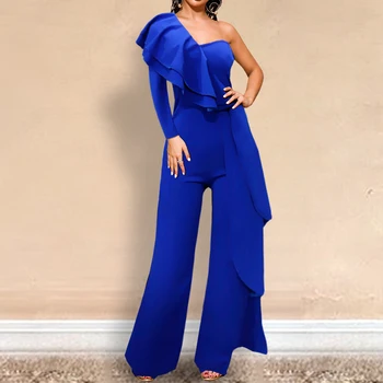 

HIGH QUALITY Newest Fashion Runway 2020 Designer Jumpsuit Women's Skew Collar One-Shoulder Sleeve Ruffles Straight Jumpsuit