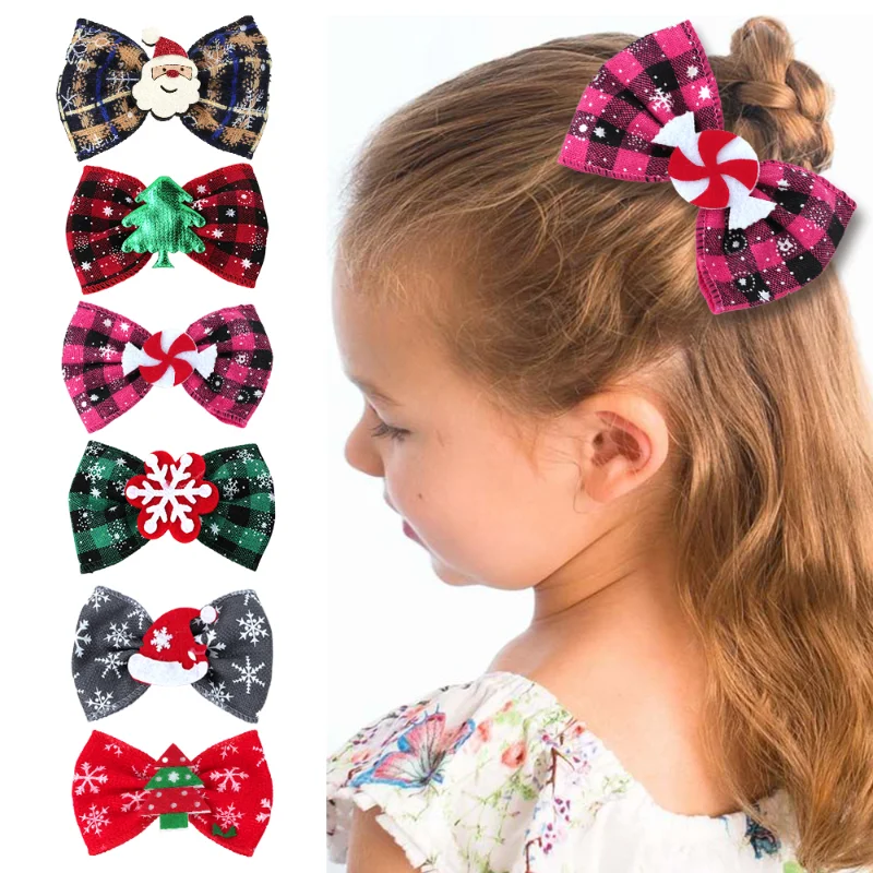 

2PC Christmas Bowknot Hairpins for Baby Girls Plaid Print Snow Santa Claus Hair Clip Kids Fashion Headwear Kids Hair Accessories