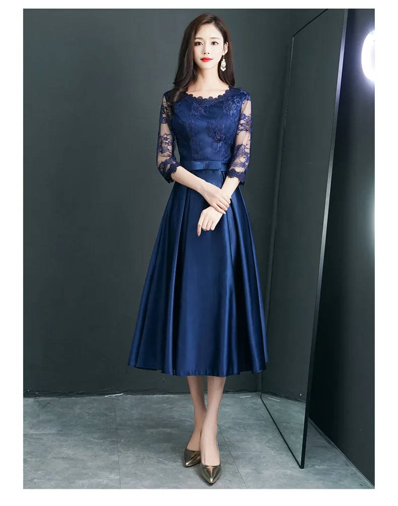 Темно-синее вечернее платье для женщин лето и осень стиль средней длины банкетное платье для похудения кружевное торжественное платье с длинным рукавом