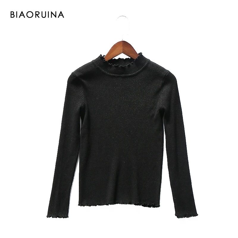 

BIAORUINA Women's Black Basic All-match Short Knit Sweater Ruffled Collar Female Casual Solid Slim Stretch Pullover New Arrival