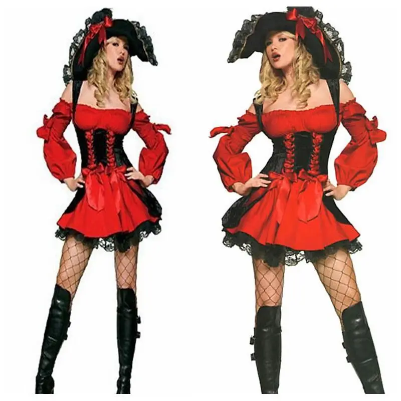 

1set/lot Pirate Costumes Performance Sexy Adult Halloween Costume Dress woman polyester pirate costume