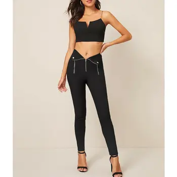 

Sexy Women High Waist Solid color Black Skinny Stretchy Zipper Pants Pencil Tight Trousers Bottoms