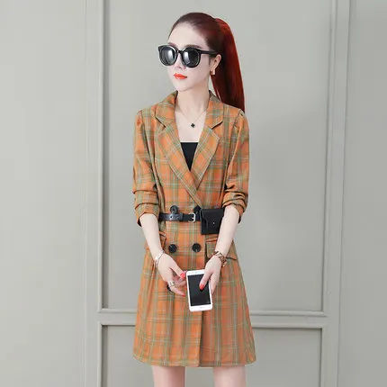 Long Section Plaid Windbreaker Female Spring And Autumn Fashion New Temperament Slim Windbreaker Coat Tide HHH0023 - Цвет: Orange