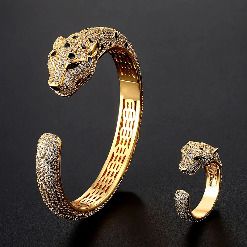 

Zlxgirl Luxury brand leopard shape animal men's wedding bangle ring jewelry sets full around zirconia bracelet ring bijoux set