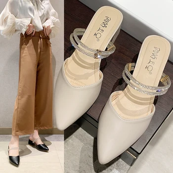 

Med Shoes Woman 2020 Slippers Casual Cover Toe Slipers Women Heeled Mules Square heel Luxury Summer New Pointed Heels Block