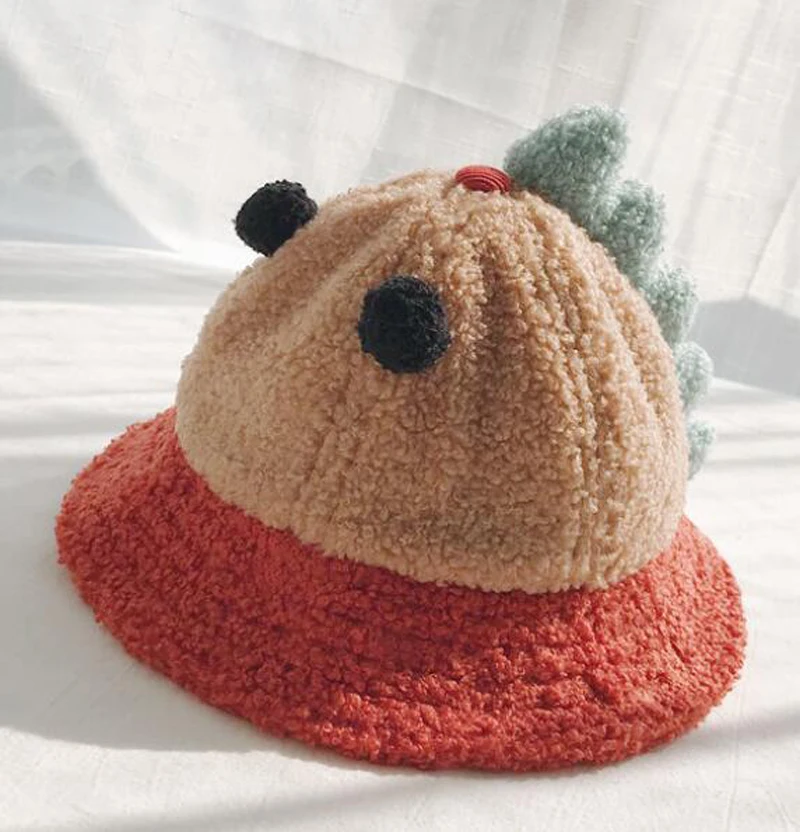 Kids Warm Hats Super Cute Dinosaur Bucket hats for Toddler Infant Newborn - Color: khakiorange