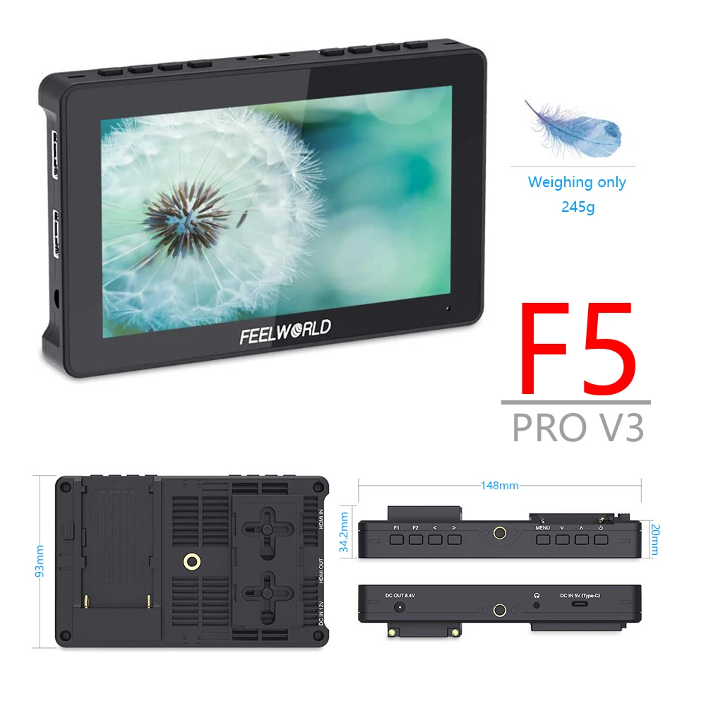 FEELWORLD F5 Pro V3 5.5 Inch 3D LUT Touch Screen DSLR Camera Field Monitor 4K HDMI Input Output LED Light Wireless Transmission