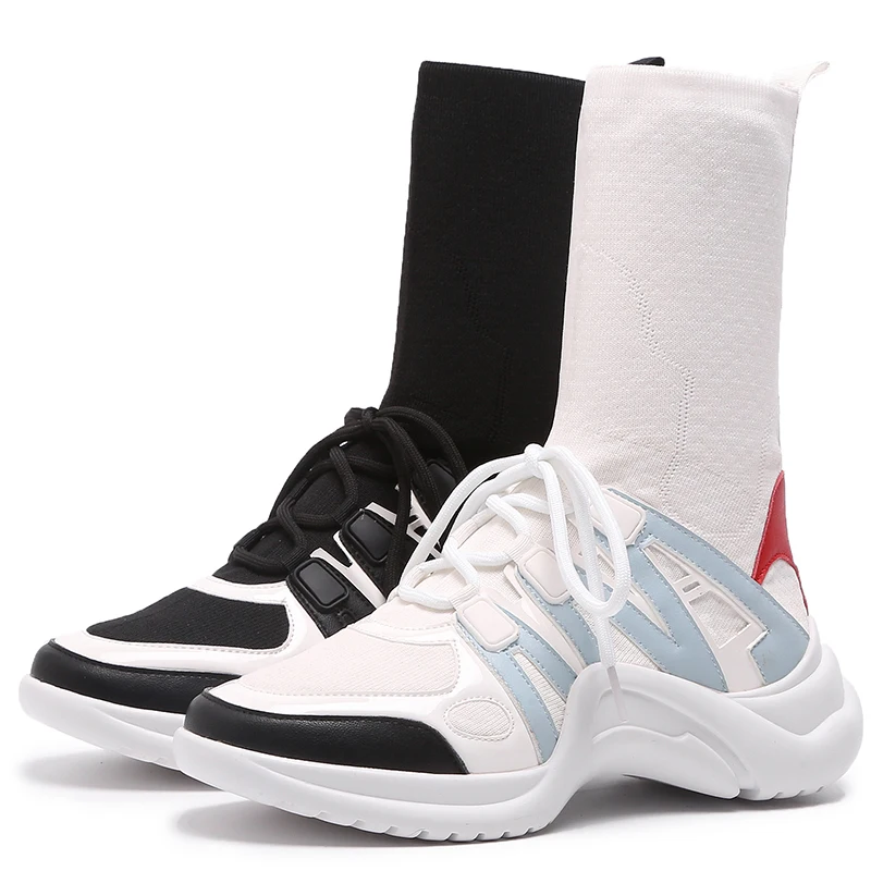 2019 Winter Mid-High Boots Women Sneaker Boots Sexy Black White Booties Stretchable Size 35-40 2019 Winter Mid-High Boots Women Sneaker Boots Sexy Black White Booties Stretchable Size 35-40