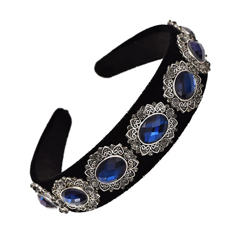 

ZHINI Boho Ethnic Handmade Beadhand for Women Vintage Punk Gothic Blue Crystal Hair Band Wide Stretch Girl Hairband Hair Jewelry