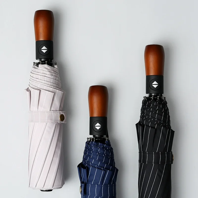 

Fully Automatic Solid Wood Handle Umbrella Ten Bone Windproof Umbrella Three Fold Rain Or Shine Folding Umbrella Men's High-End