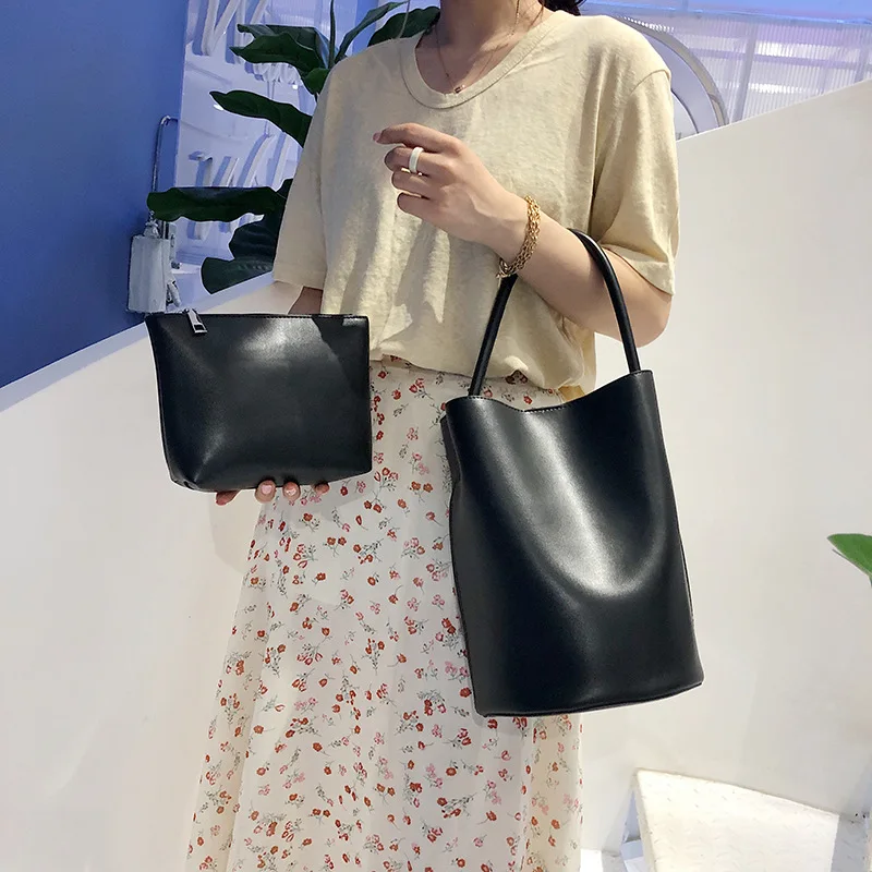 

South Korea Ulzzang Retro Elegant Solid Color Bucket Bag Simple Casual Versatile Large Capacity Shoulder Oblique WOMEN'S Bag