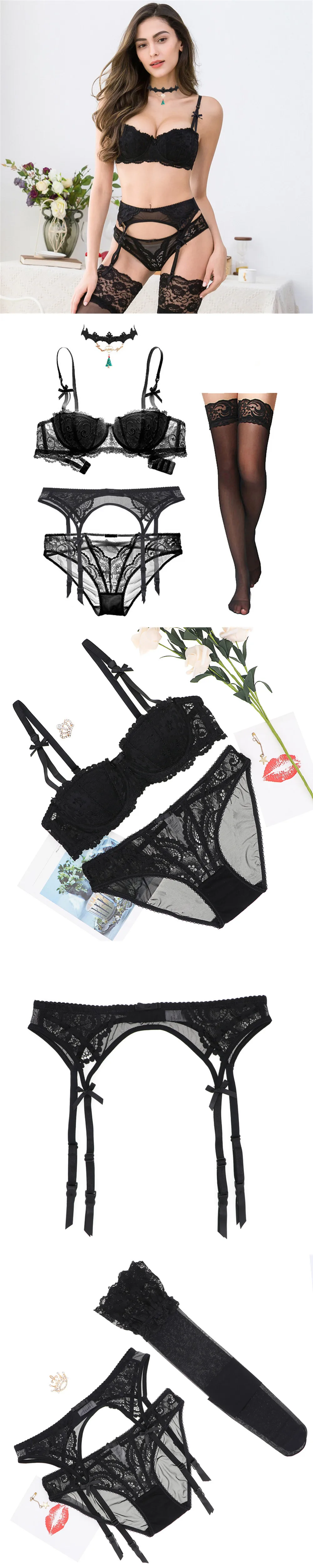 Women's sexy lace Christmas Lingerie set Bra and panties and garter and stockings and necklace 5 Pieces/Lots bralette sets