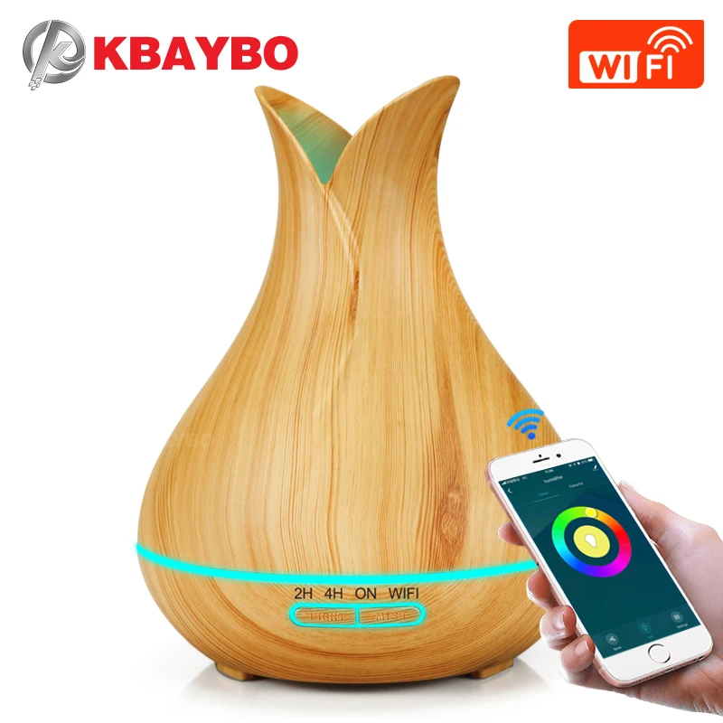 

Kbaybo 400ml ultrasonic aromatherapy machine wooden home diffuser can be connected with WiFi telephone remote controller suitabl