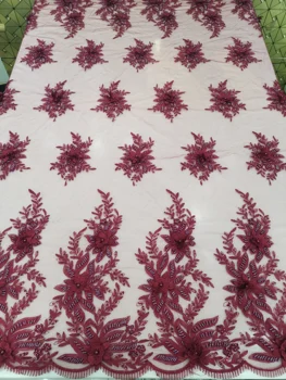 

wine color lace fabric 3d Appliqued African hand craft beaded embroidery lace flower pattern two borders nice design for garment
