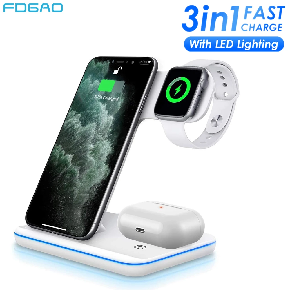 Fdgao 3 In 1 Qi Wireless Charger Dock Station 15W Supporto Di Ricarica Rapida Per Iphone 12 11 Xr Xs X 8 Apple Watch 6 5 4 3 Airpods Pro