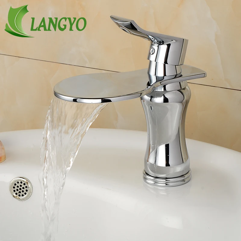 

LANGYO Chrome Waterfall Spout Faucet Cold Hot Mixer Water Taps Deck Mount Basin Bathroom 1 Hole Faucets Brass