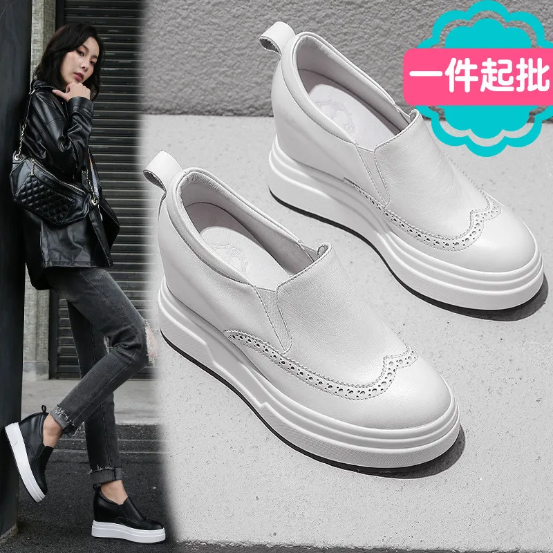 

2019 Spring Thick Bottomed White Elevator WOMEN'S Shoes round-Toe Platform Deep Mouth Lazy High-Heel Waterproof Platform Leather