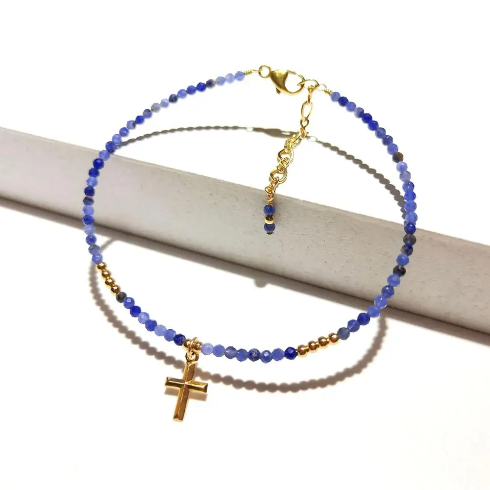 

Lii Ji 2mm Blue Sodalite Beaded Sparkling Bracelet With Cross Charm American 14K Gold Filled Bracelet 17+3cm