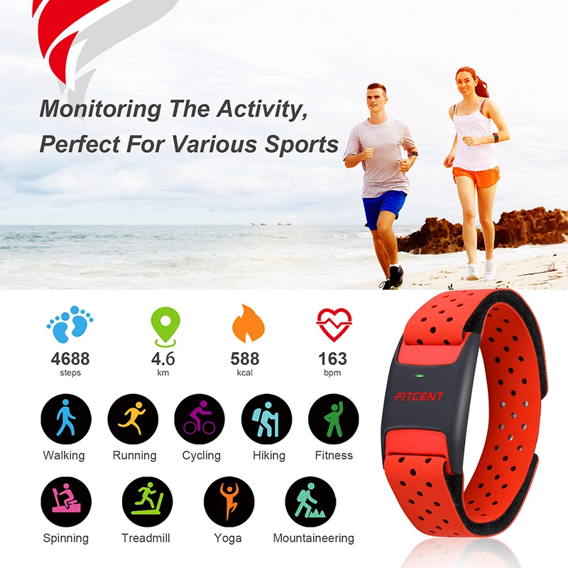 FITCENT-brazalete con Monitor de ritmo cardíaco, pulsera con Sensor óptico de frecuencia cardíaca, Bluetooth ANT +, rastreador de Fitness recargable para pelota Str