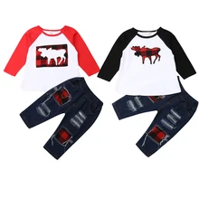 Новинка года, комплекты рождественской одежды для маленьких мальчиков топы в клетку с длинными рукавами и принтом оленя+ джинсовые штаны От 6 месяцев до 5 лет