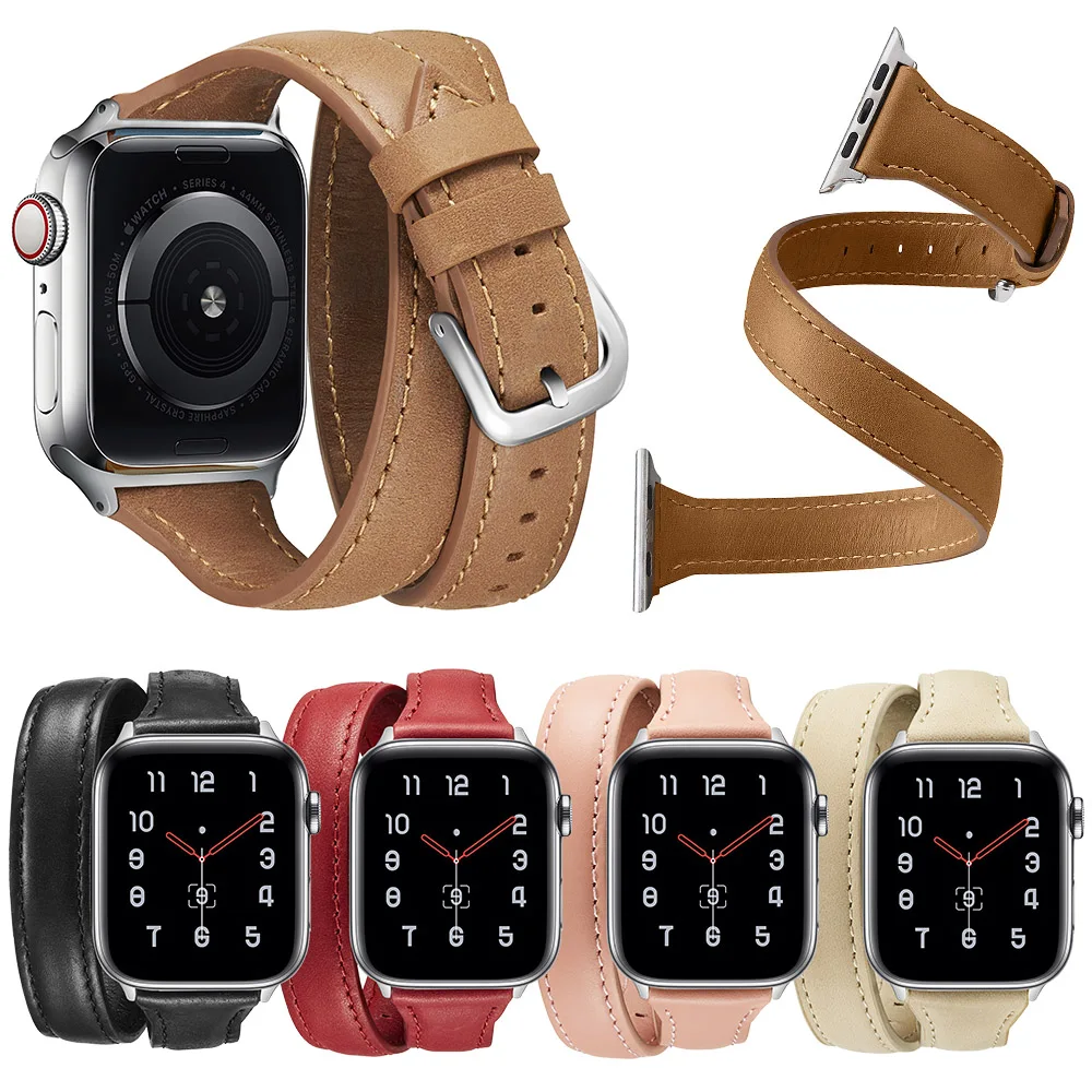 Многослойный кожаный ремешок для Apple Watch SE Band Series 6 5 4 3 2 1 двойной Круглый браслет