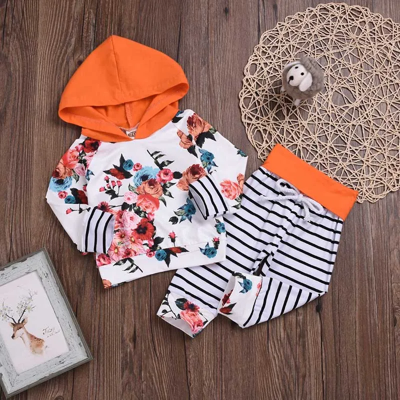 Милый весенне-осенний свитер для маленьких девочек, худи с цветочным принтом+ штаны с ремешками, комплект одежды, спортивный костюм для малышей