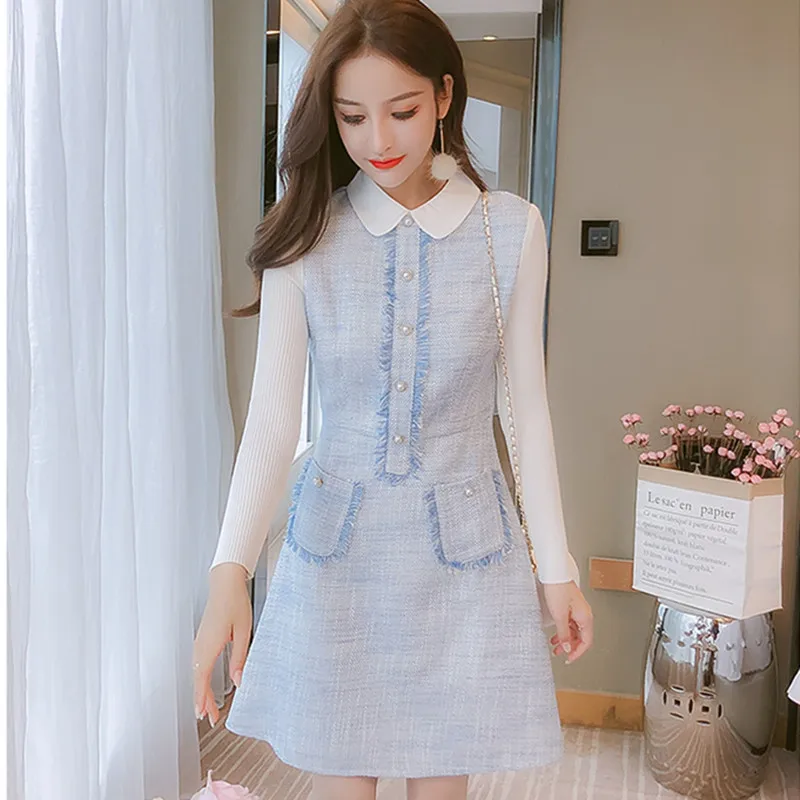 

Women Knitting Long Sleeve Patchowrk Wool Blending Dress Elegant Peter pan Collar Tassel Dress lady One Piece Short Party Dress