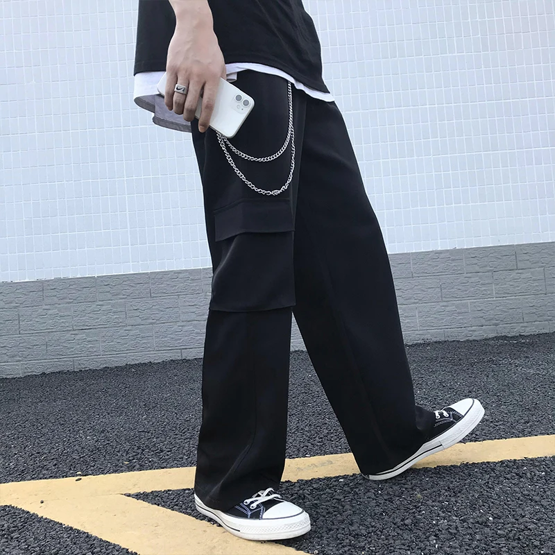 Casual Pants Men Pockets Plus Size 3XL Wide Leg Elastic Waist Mens Loose Harajuku Ulzzang Korean Style Streetwear Fashion Chic