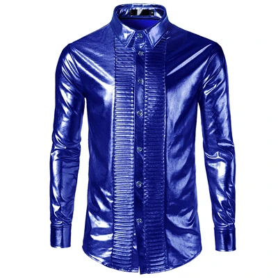 Tide Tuxedo, дворцовая рубашка для мужчин размера плюс, для ночного клуба, сценическая сорочка, Homme, блестящая металлическая Мужская одежда, рубашки с длинным рукавом, серебряная рубашка - Цвет: BLC01 blue