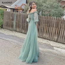 

Polka-Dot Evening Dress A-Line Boat Neck Off Shoulder Bow Ruffles Tulle Backless Floor Length Court Train Prom Gown
