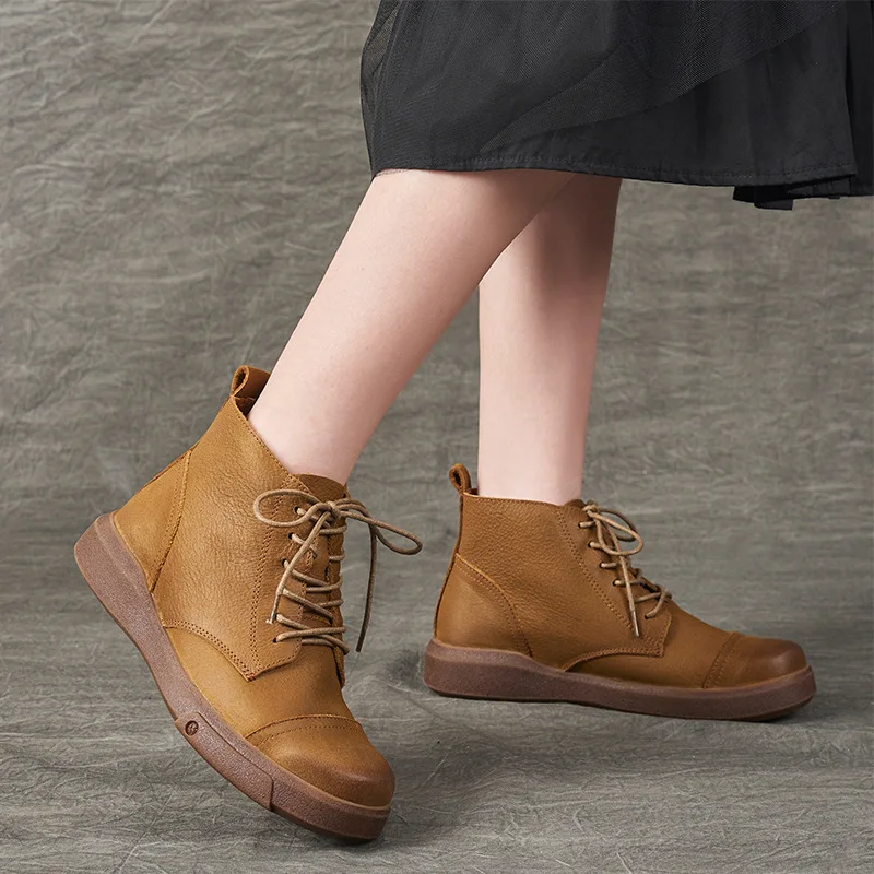 

Women Martin Boots Leather Shoes Autumn Flat Heels Ankle Boots Women Handmade Genuine Leather Soft Boots Shoes Women 2019 Brand
