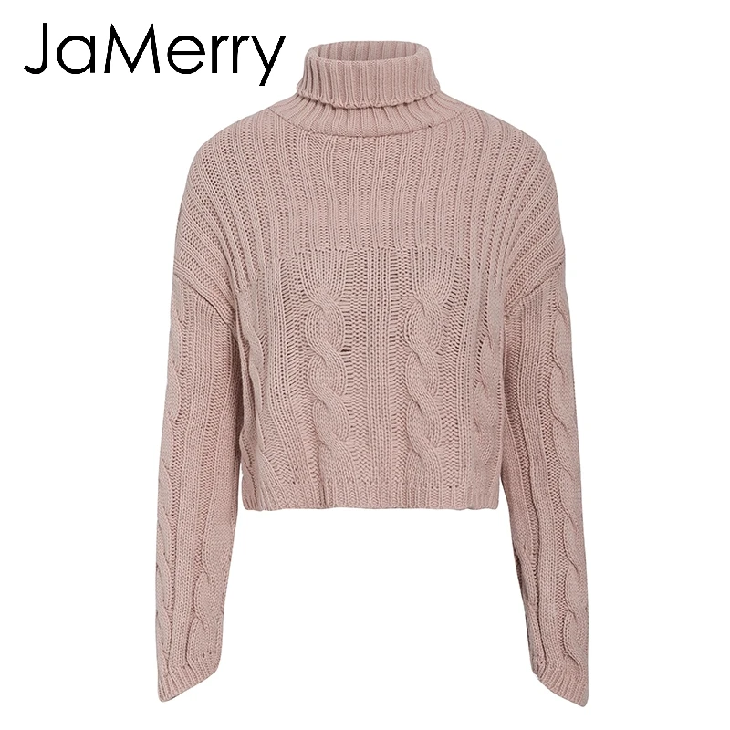 JaMerry, винтажный вязаный свитер с высоким воротом, Женский пуловер с длинным рукавом, элегантный белый однотонный Повседневный зимний женский теплый свитер - Цвет: Розовый