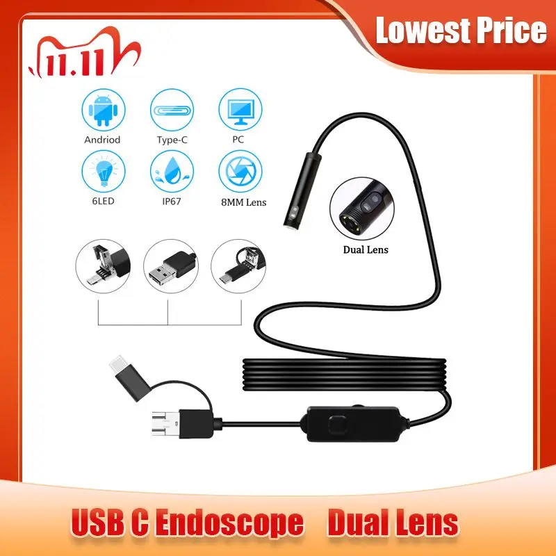 Cámara endoscópica Android tipo más nuevo, lente Dual IP67 de 8mm con luz Led blanca, 1080P, minicámara de inspección HD