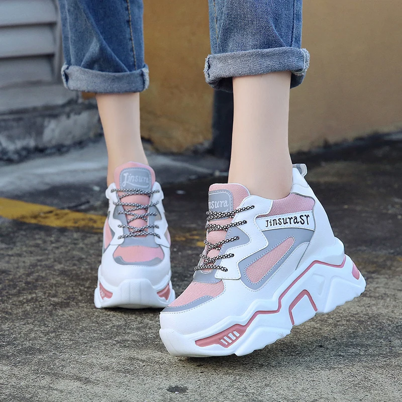 Женская Осенняя повседневная обувь на скрытом каблуке; zapatillas mujer; женские кроссовки на массивной платформе; женская обувь из дышащего сетчатого материала; Розовая обувь на шнуровке - Цвет: pink plush
