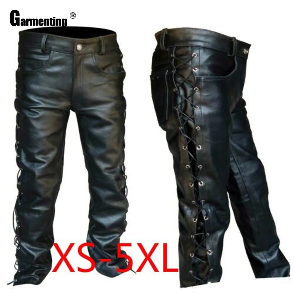 

Plus size 4xl 5xl Men PU Leather Pants Autumn Trendy 2020 Punk Style Male Sexy Lace-up Trousers Black Faux Leather Skinny Pants