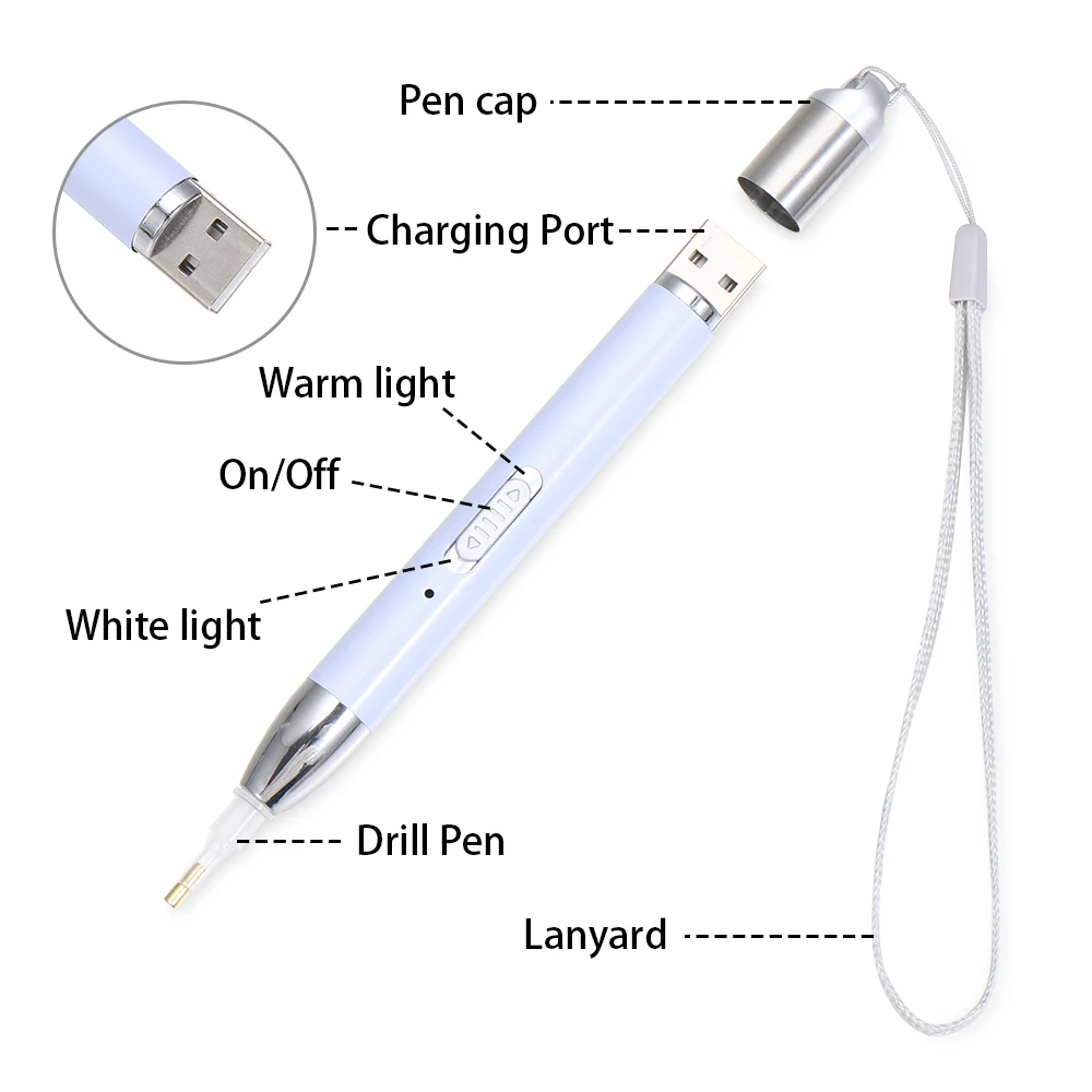Hot 5D Diamond Painting USB Drill Pen with Light 5D Diamond Painting Tools with 2 Light Modes DIY Crafts Embroidery Tool 1 Set diamond painting diamond painting accessories diamond painting pen diamond painting set