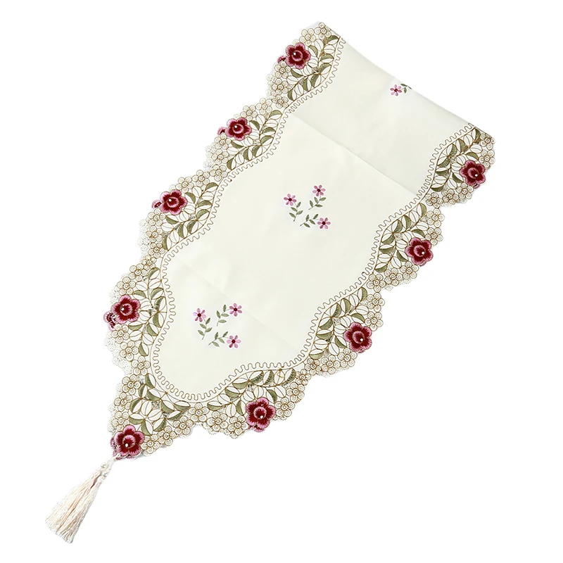 Pastoral Table Runner Embroidered Flower Leaves Hollow Polyester Table Covers Dustproof Table Decor for Home Party Wedding