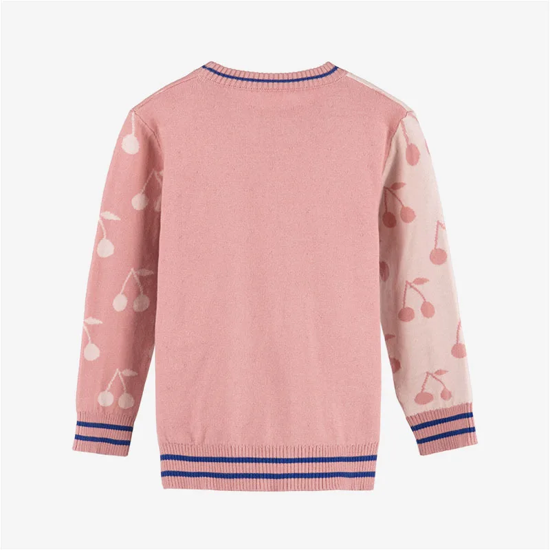 Tk19110cd Girls' Shirt Cherry Home Woolen Fabric Double Color Joint Parquet Craft Crew Neck Knitted Pullover