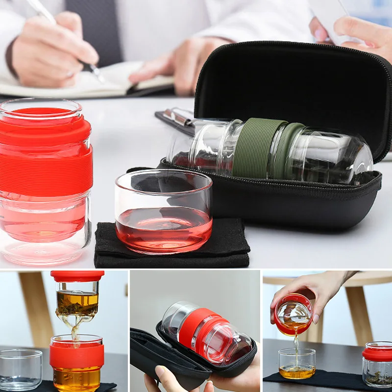 

HOT Travel Tea Set Kung Fu Tea Pot with Portable Case Glass Teacups with Infuser for Travel Home NDS66