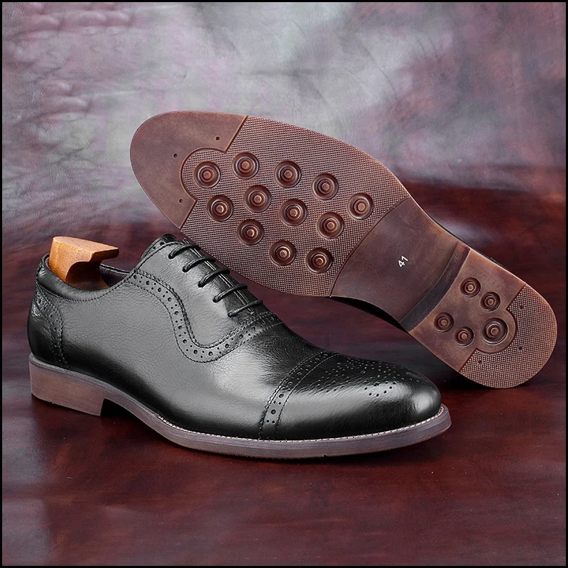Vintage Man Cap Toe Semi Brogue Shoes Genuine Leather Formal Office Party Oxfords Round Toe Laces Men's Wedding Flats BGQ236