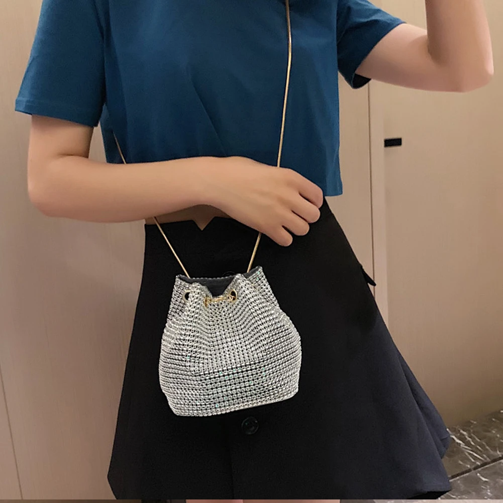 Fashion Evening Bag Women's Rhinestone Bucket Bag Crystal Clutches Shoulder Bucket Bag Shining Cross-body Hand Bag