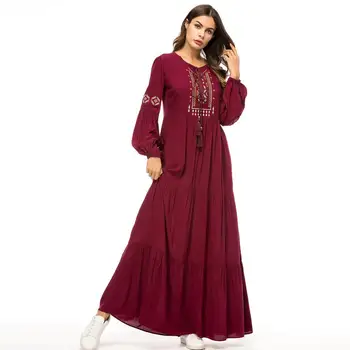 

Boho Plus Size Maxi Dress Women Casual Slim Ruffles Floral Embroidery O-neck Lace-up Muslim Dresses 4XL 2020 Summer Clothing New