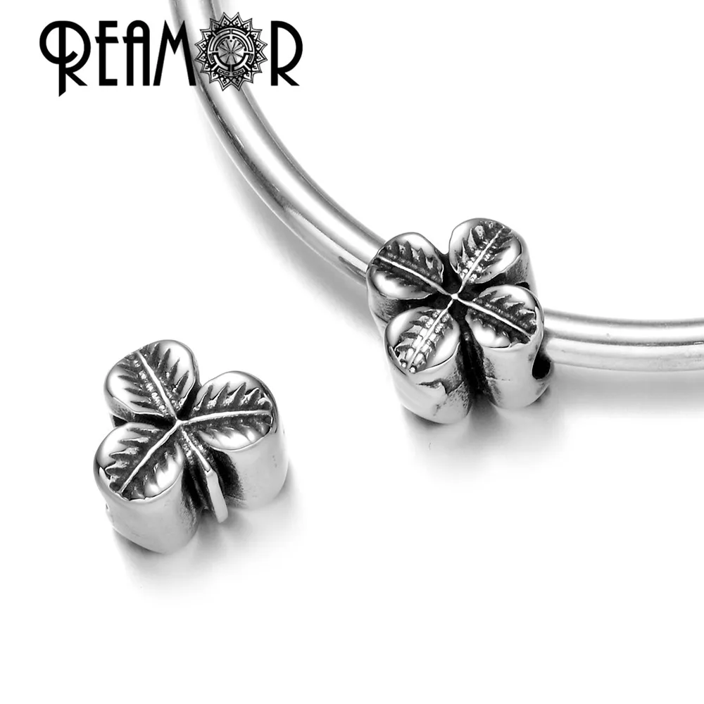 

REAMOR 316L Stainless Steel Three Four Leaf Clover Lucky Charm European Style Beads For DIY Bracelet Jewelry Findings