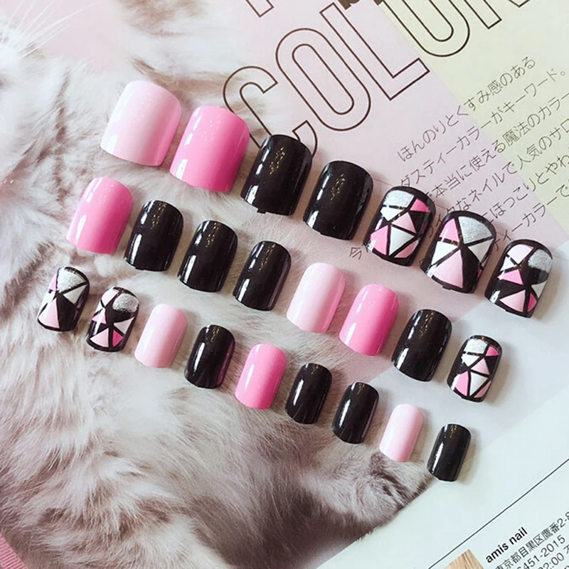 

24pcs/Set Fashion Pink Black False Nails Finished Square Design Full Cover Nail Tips Artificial Fake Nails with Glue